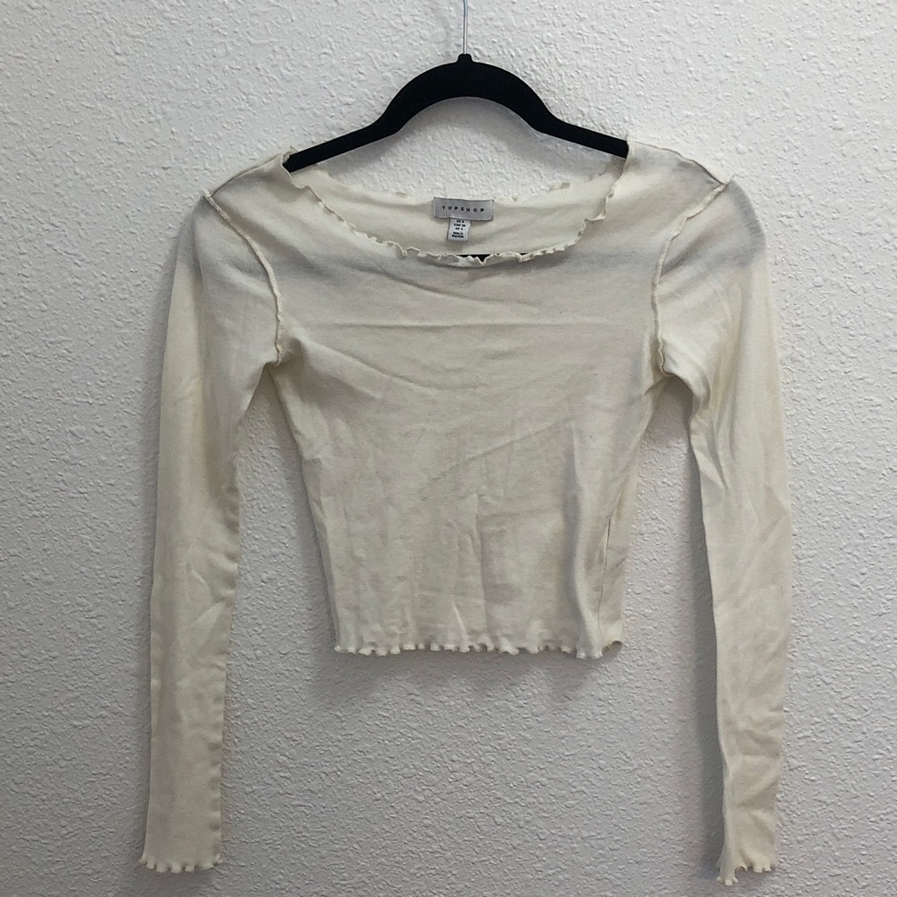Topshop Off-White Long-Sleeve Lettuce-Trim Top